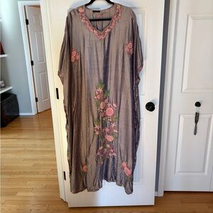 Floral Embroidered Silk Kaftan Dress